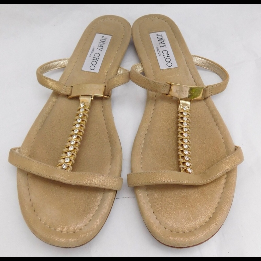 JIMMY CHOO GOLD CRYSTAL DETAIL SANDALS SZ 37